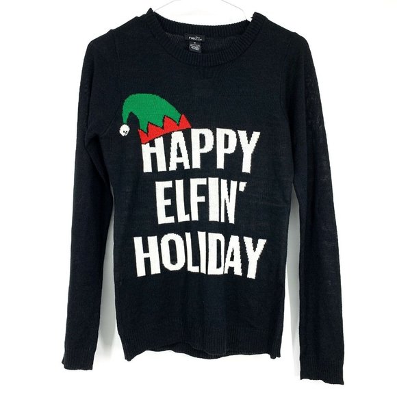 Rue21 Christmas Sweater Black Happy Elfin' Holiday Graphic - Picture 3 of 9